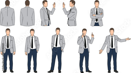 Male business professional character set in grey suit with various poses including presenting walking back view and cross-armed flat vector illustration