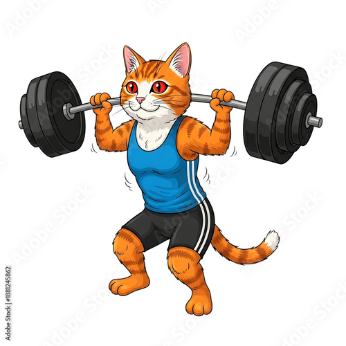 Determined tabby: orange cat lifting weights in blue tank top