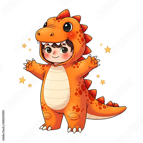 Adorable child in dinosaur costume with stars