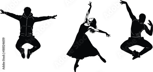 Set of dynamic dance silhouettes featuring contemporary male and female dancers in mid-air jumps and graceful poses