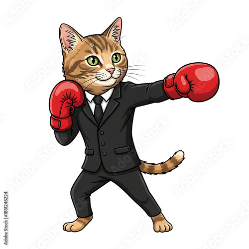 Business cat ready for a fight in red boxing gloves