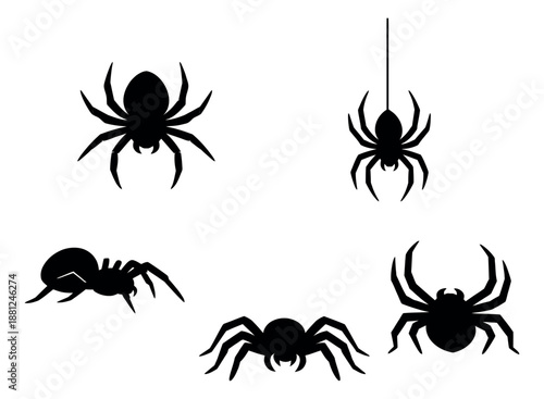 Black silhouette spider set featuring various arachnid poses including one hanging for halloween, horror, or insect-themed designs