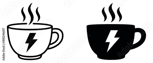 Minimalist line art and silhouette cup icon set featuring hot drinks with lightning bolts for energy and power concepts