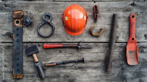 Assorted work tools on rustic wooden surface.  Possible use Stock photo for a construction, carpentry, or DIY theme