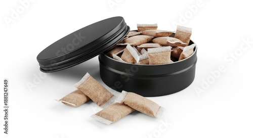 Open black tin can filled with loose snus tobacco pouches on white background