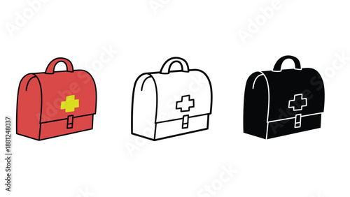 Three different colored first aid kits on a white background