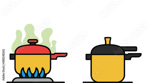 Two cartoon yellow cooking pots with lids on white background
