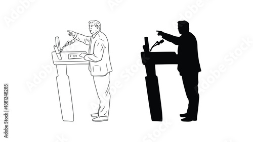 A man in different styles stands at a podium giving a speech confidently