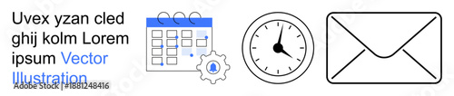 Time management, business planning, productivity, scheduling, email communication, workflow organization. Calendar, clock gear and envelope icons. Time management and business planning