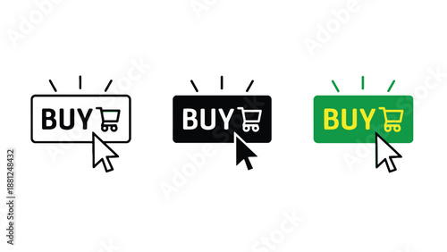 Three colorful buy buttons with shopping carts and mouse cursors on a white background