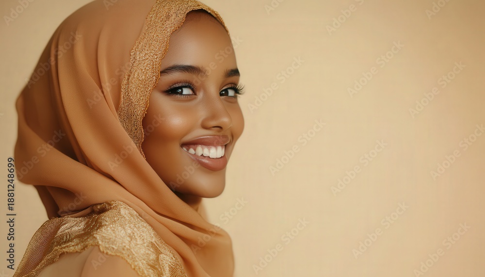 Fototapeta premium Young woman wearing a light brown headscarf smiles warmly against a plain background