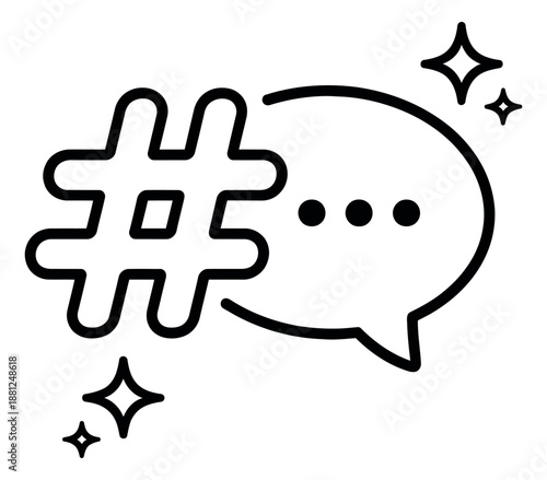 Line art illustration of a hashtag and speech bubble depicting social media engagement for digital communication concepts