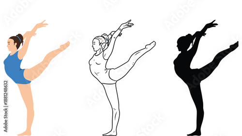 Three illustrations of a woman performing a standing balance pose in different colors