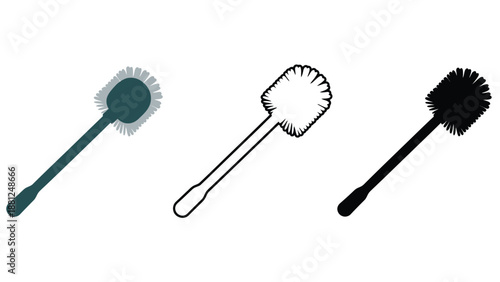 Three toilet brushes in different colors and styles on a white background