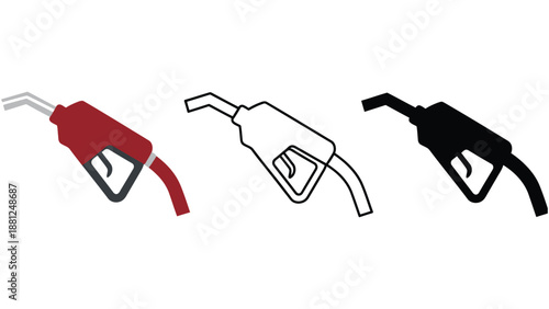 Three gas pump nozzles in different colors on a white background