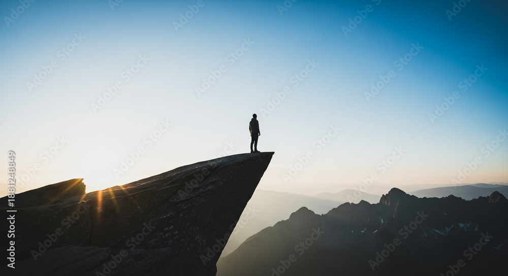 Naklejka premium Silhouette of a man standing on the edge of a steep cliff overlooking mountain peaks at sunrise, symbolizing freedom, challenge, and success.