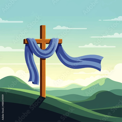 Vector flat design illustration of a wooden cross with a blue cloth flowing in the wind on a hilltop with mountains in the background under a partly cloudy sky.
