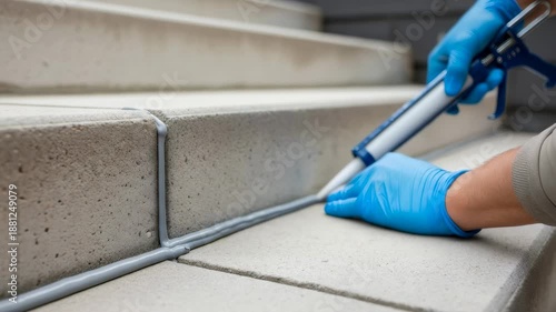 Man applying sealant with caulk gun to outdoor concrete stair steps for building maintenance.