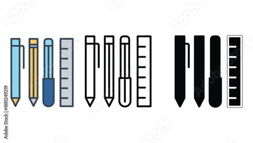 A colorful illustration of various pens, pencils, and rulers on a white background