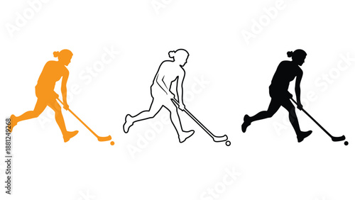 Three female hockey players in different colored silhouettes running with sticks