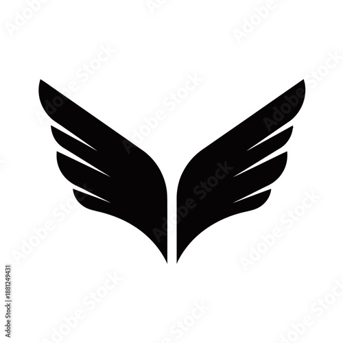 A minimalist black silhouette of two stylized wings spread apart against a white background.