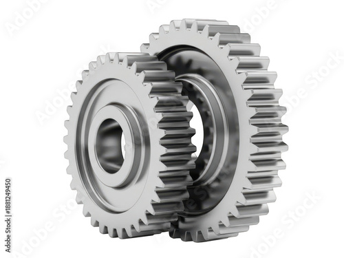 Silver metal gears interlocking isolated on transparent background