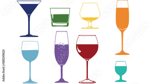 A colorful illustration of various wine and cocktail glasses on a white background