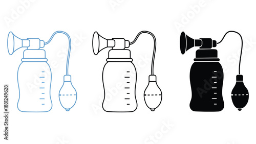 Breast pump illustrations in different colors and line styles for medical use