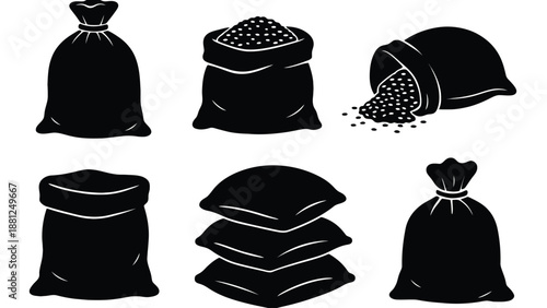A collection of black bags filled with various items on a white background