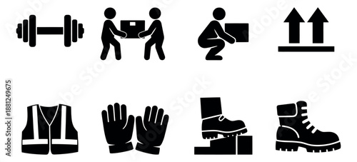 Solid glyph safety icon set featuring manual handling, personal protective equipment, and strength symbols for industrial workplaces