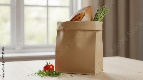 Paper Bag with Fresh Produce and Bread.
