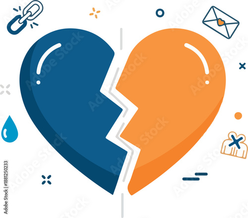Flat vector illustration of a broken heart divided into blue and orange halves, symbolizing emotional conflict, separation, and relationship breakup.