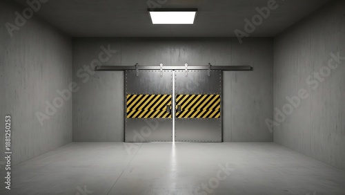 Empty square room with Realistic metal sliding doors with warning striped tape