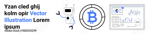 Cryptocurrency, fintech, blockchain automation, digital currency, data analysis, innovation. Robot and Bitcoin symbol alongside data graphs. Cryptocurrency and fintech innovation concept