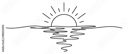 Hand drawn line art illustration of a sun depicting a sunrise or sunset on the ocean for nature and travel design