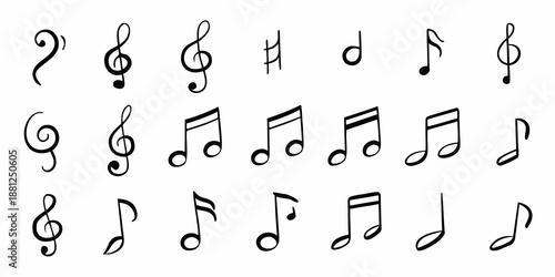 Collection of hand drawn musical symbols including notes clefs and rests