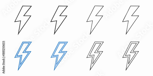 A series of stylized lightning bolt illustrations in blue and gray tones