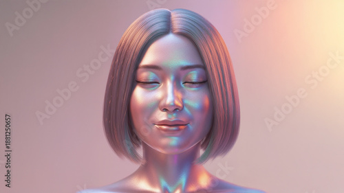 虹色に輝くメタリックな質感の女性の顔、近未来的なAIアンドロイドのポートレート
