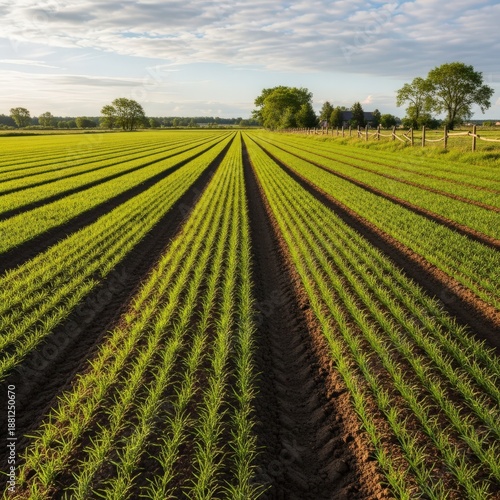 Rows of Young Crops in Field.