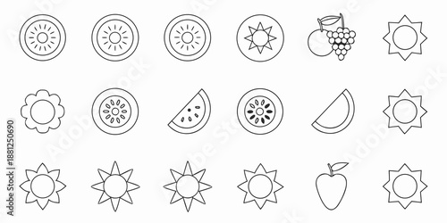 Collection of minimalist fruit and sun icons in black and white line art