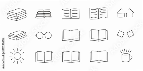 Collection of simple line art icons depicting books reading and related items