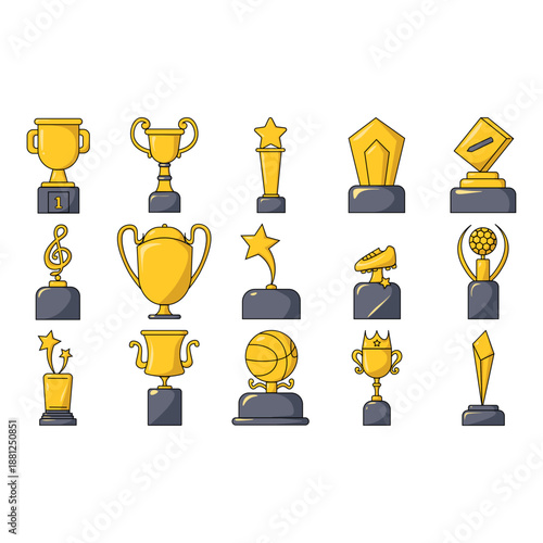 Golden trophy award icons and sports achievement medals. Flat vector graphic elements for championship ceremonies, tournament winners, and competitive event branding.