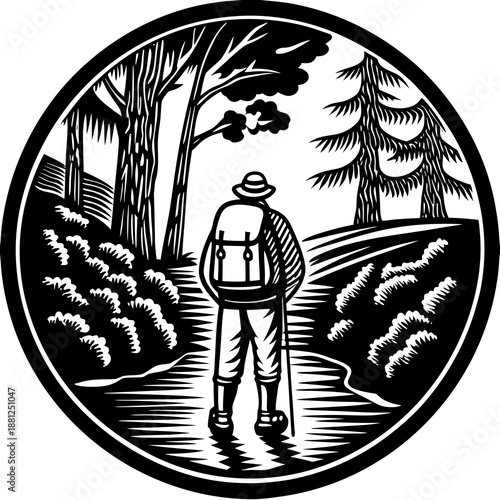 Hiker with Backpack Walking on Forest Trail Outdoor Adventure Emblem Vector