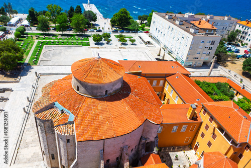 Aerial view of Church of St. Donatus in Zadar, Croatia, cylindrical Romanesque building. Unique structure is a major city symbol built on the ancient Roman Forum, visible in the foreground