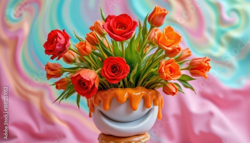 Whimsical Jelly Flower Bouquet: A Melting Medley of Roses, Tulips, Donuts, and a Smiling Vase Against a Cotton Candy Swirl.