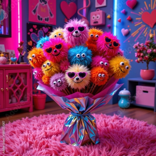Fuzzy Monster Bouquet: A Whimsical Valentine's Day Gift with Colorful Pom-Poms and Googly Eyes on a Neon Shag Rug
