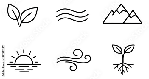 Line art environmental icons set featuring leaves, waves, mountains, sun, wind, and a plant sprout for ecological design
