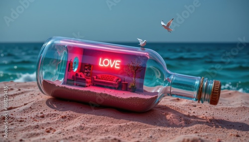 Surreal Love Message in a Bottle: Cozy Living Room on a Pink Sand Island with Neon LOVE Sign and Origami Seagulls - Dreamy Valentine's Escape