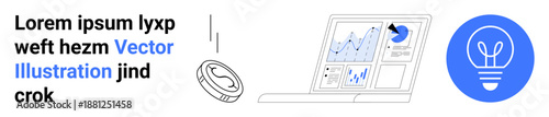 Data visualization, financial analysis, technology, business strategy, innovation, conceptual thinking. A laptop with graphs, a coin and a light bulb symbol. Data visualization and financial