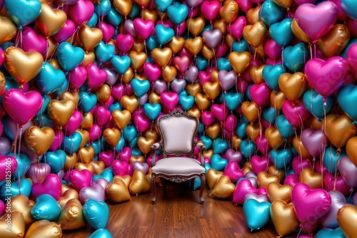 Overwhelmed by Love: Antique Chair Surrounded by Metallic Heart Balloons in Magenta, Gold, and Cyan